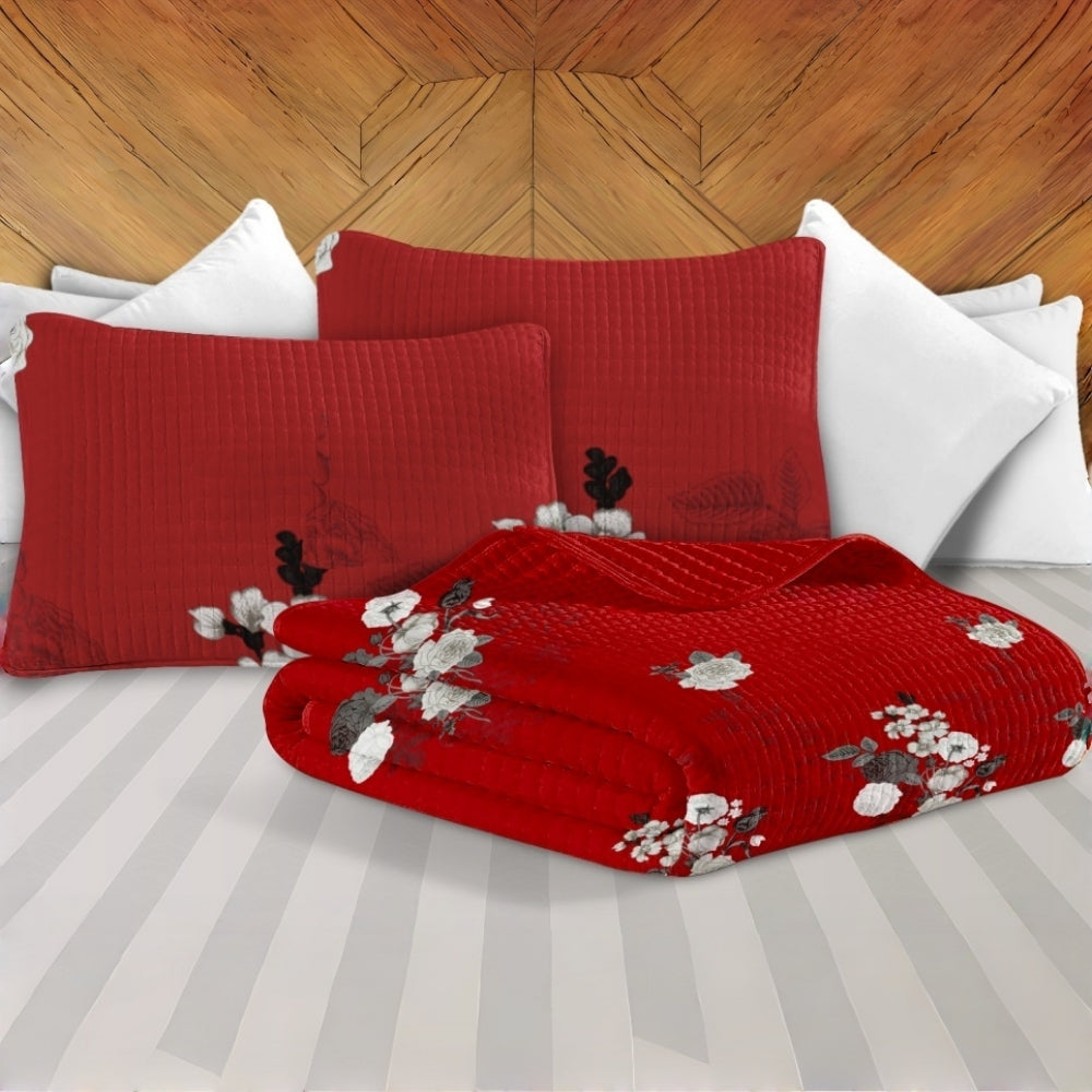 Red & White Floral 9-Piece Bedspread and Curtain Set