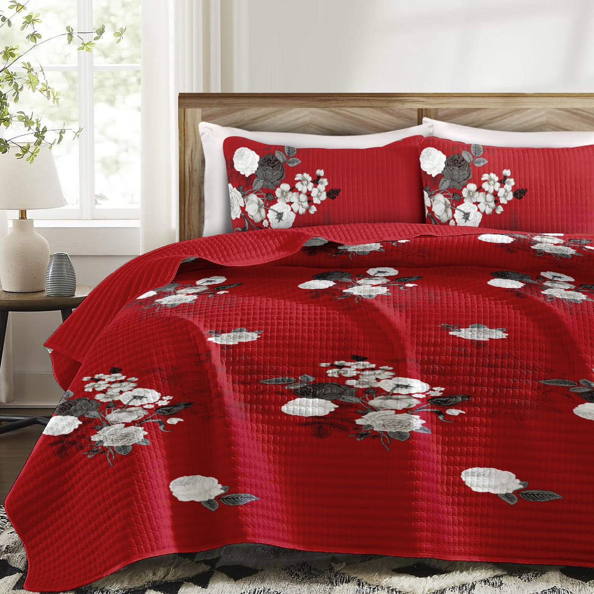 Red & White Floral 9-Piece Bedspread and Curtain Set