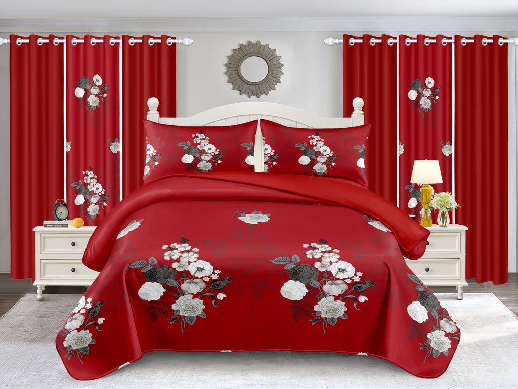 Red & White Floral 9-Piece Bedspread and Curtain Set